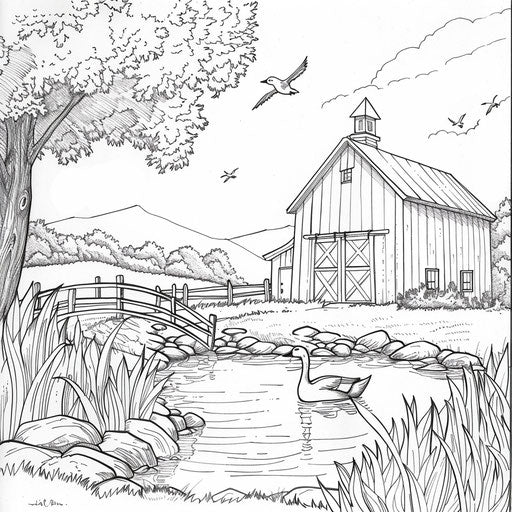 Tranquil barn with duck pond in front.