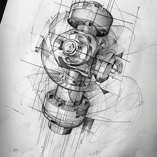 Flat tattoo sketch of a piston with dynamic, abstract lines suggesting motion and energy