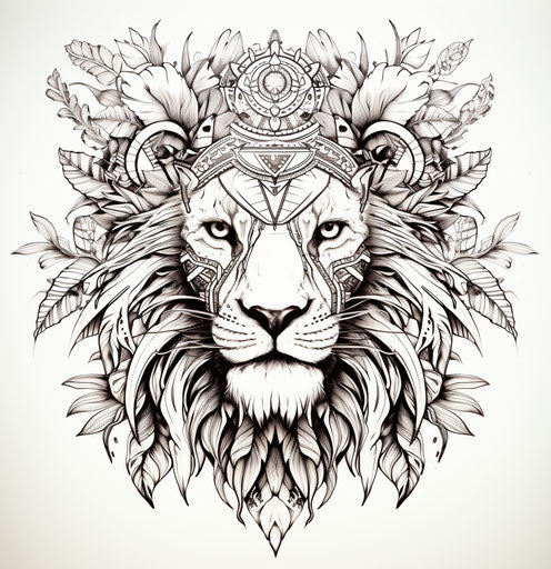 African lion head with tattoo details leaves feathers black white