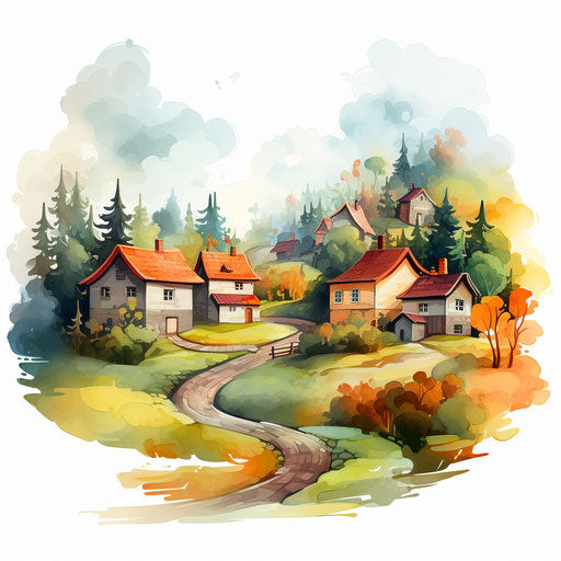 Village in Oil painting style, on white background