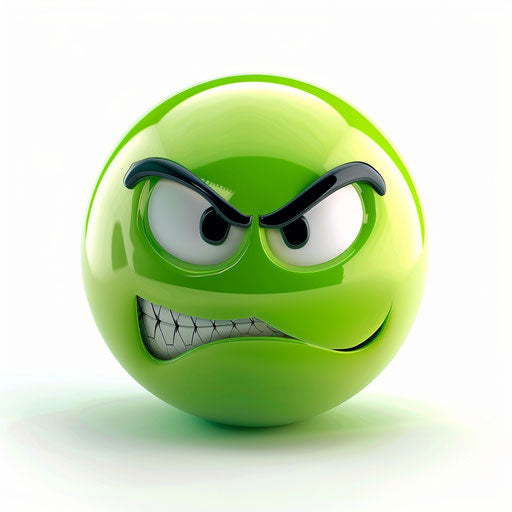 Green emoticon on white background, whimsical gag-humour