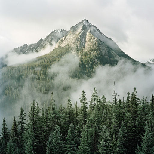 Sulphur Mountain, Canada with dense forest, fog rolling in
