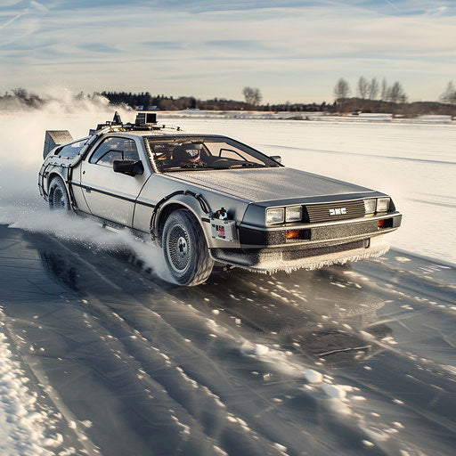 Ice racing in modified 1981 DeLorean DMC-12 on frozen lake