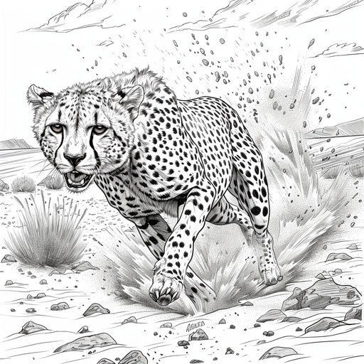 Cheetah sprinting in savannah with dust flying