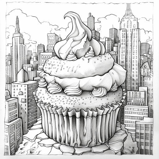 Urban cupcake with street art in the style of Stephen Wiltshire