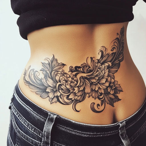 Women's lower back tattoos on Pure White Background Adrian Smith style