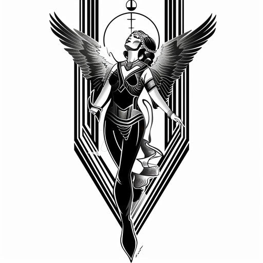 Art Deco guardian angel tattoo on white background