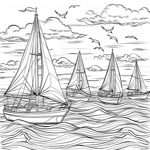 Boats sailing on wavy sea under sunny sky