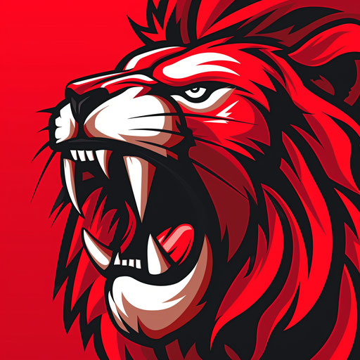 Dynamic team logo with a roaring lion and a bright red background