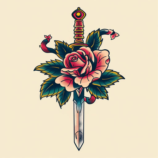 Traditional sailor tattoo of a rose and dagger