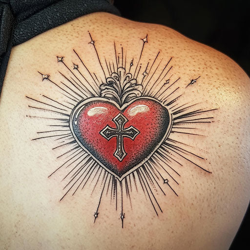 Mother heart tattoo with heart and cross surrounded by rays of light