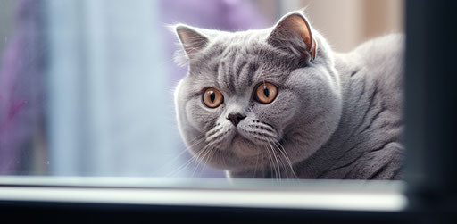 British shorthair cat in window, dark silver and light purple style