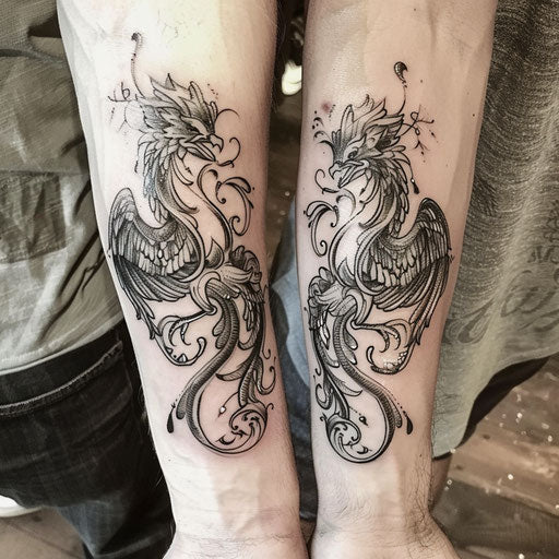 Brother and sister tattoos of a phoenix, in the style of Ami James