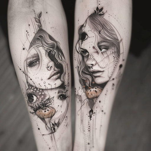 Sister tattoos of surreal dreamscapes and fantastical creatures