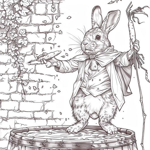 Bunny magician pulling a carrot out of a hat. Coloring page