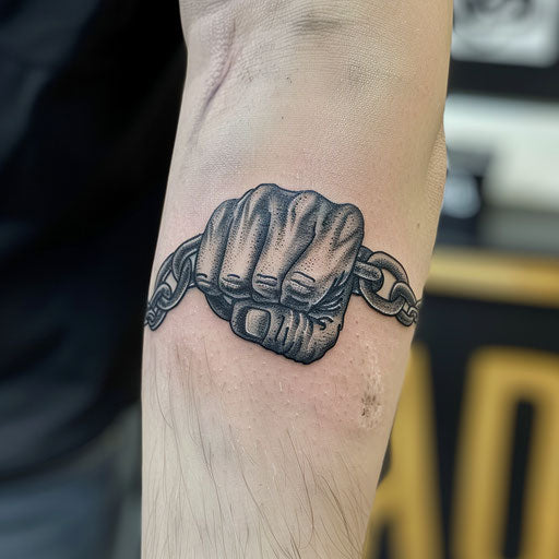 Chained fist curse mark tattoo, symbolizing struggle and resistance, in grayscale on white background.