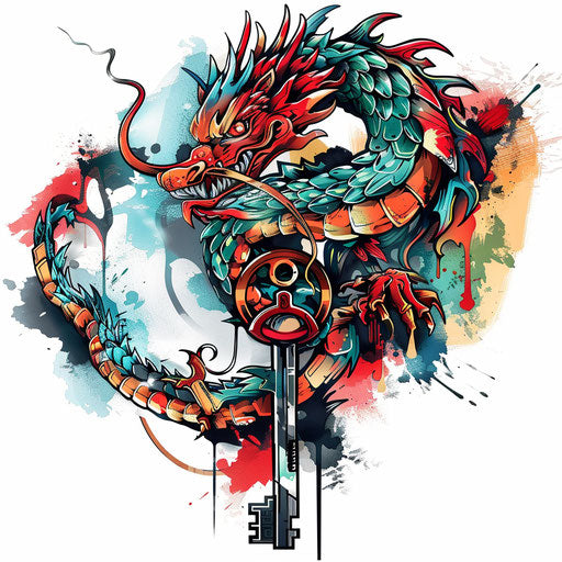 Dynamic sketch of a key transforming into a dragon, in a vibrant clipart style