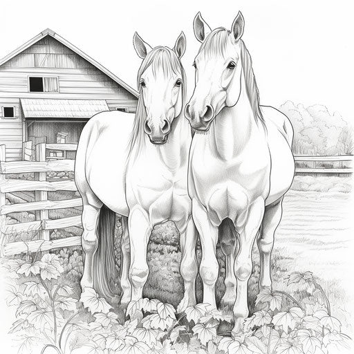 Two horses by a farm - realistic coloring page