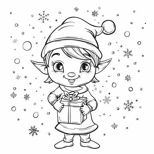 Cheerful Christmas elf with gift box, perfect for kids. Coloring page