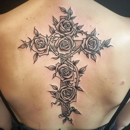 Cross tattoo with roses and thorns, beauty and pain intertwined