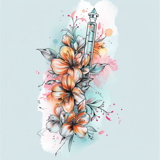 Whimsical single needle tattoo sketch with pastel floral accents