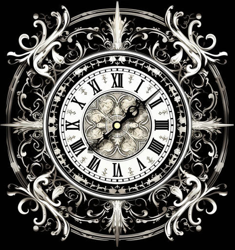 Black and white clock with pattern, alchemical style, luxury