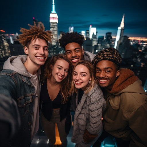Youth and friendship on city rooftop at night