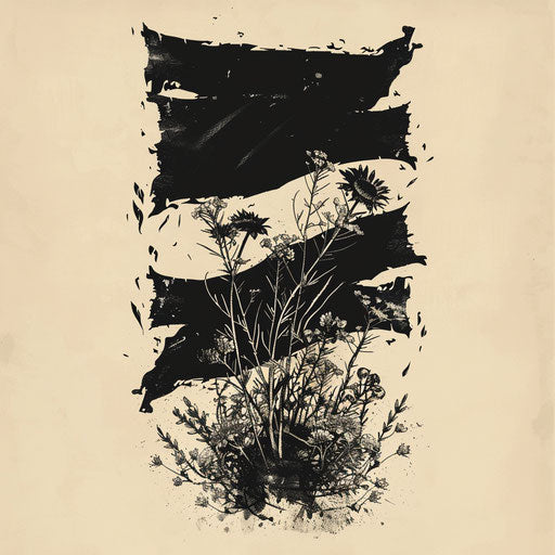Artistic flat tattoo sketch of a black flag intertwined with wildflowers