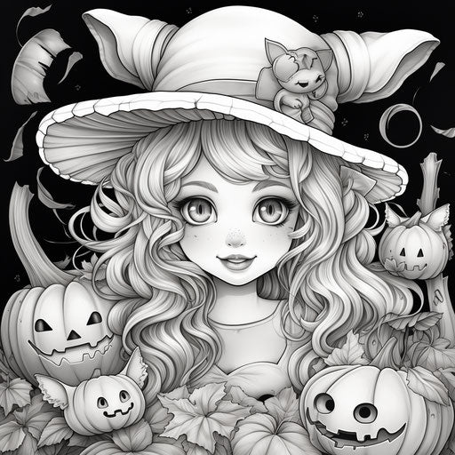 A black and white coloring book with a cute girl in her hat with pumpkins, in the style of goblincore, pretty, so beautiful, kawaii, sculpted, caricature-like