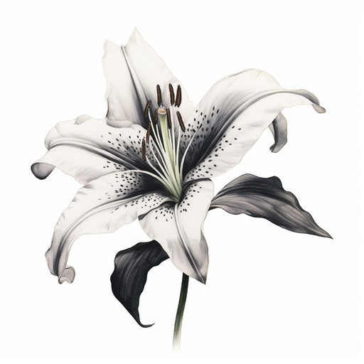 Dark tattoo-inspired lily, deliberate brushwork, crisp tonalities