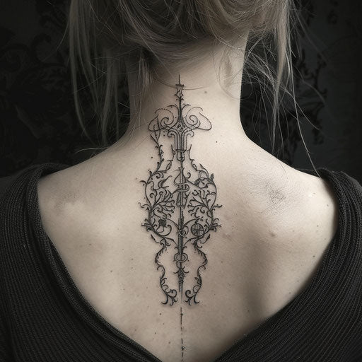 Elvish runes tattoo on neck in Jackson style
