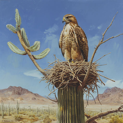 Swainson's hawk perched on a cactus in the desert heat