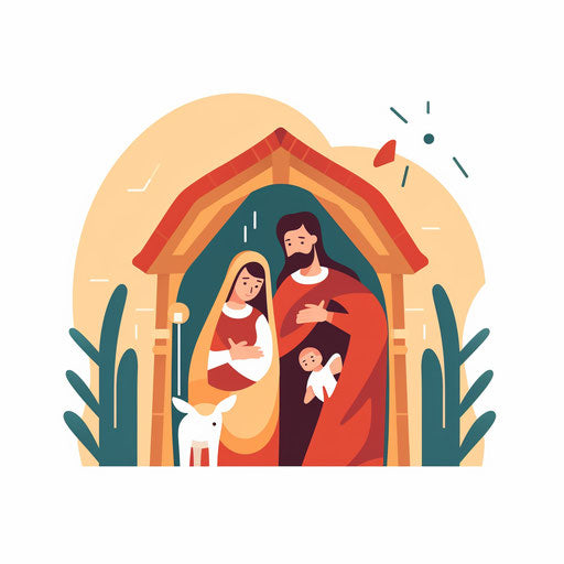 Minimalist style nativity scene on white background