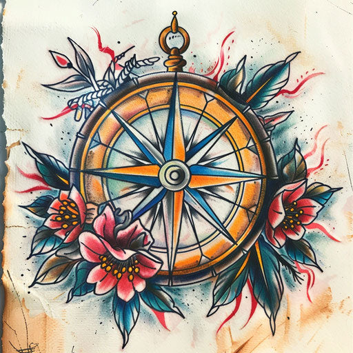 Nautical tattoo sketch of a compass rose with classic sailor tattoo elements and bold primary colors