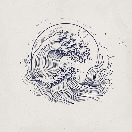 Flat tattoo sketch of a wave and sun design drawn with one continuous line