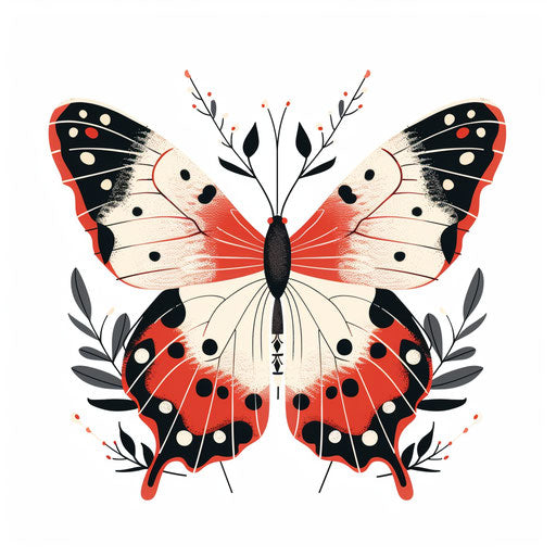 Playful butterfly with polka-dot wings, reds and whites