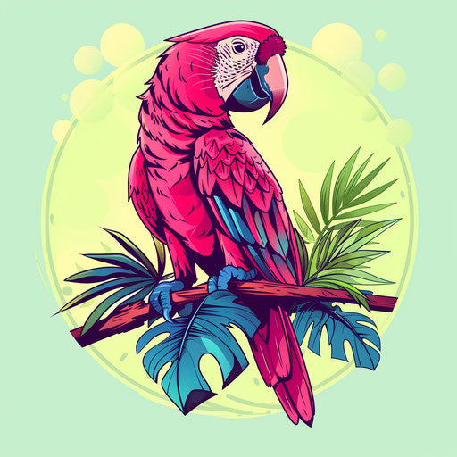 Pink parrot on tropical branch - Lively flat tattoo sketch
