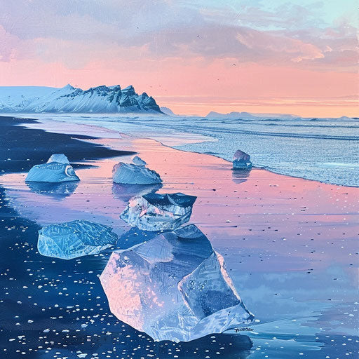 Diamond Beach, Iceland with sunrise colors reflecting on the ice and water