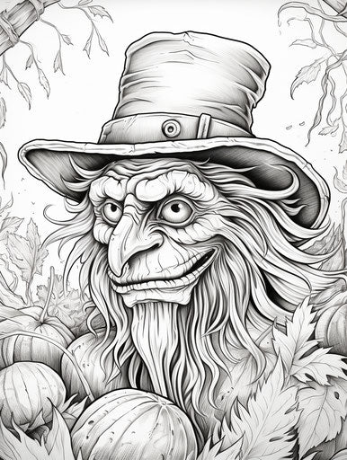 Scarecrow coloring page, joyful and optimistic style, bird's-eye-view