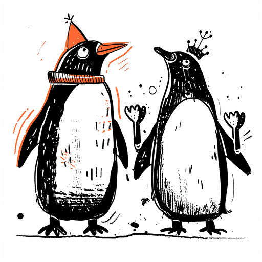 Playful tattoo sketch of king and queen penguins holding flippers, in black and white with orange accents, clipart style