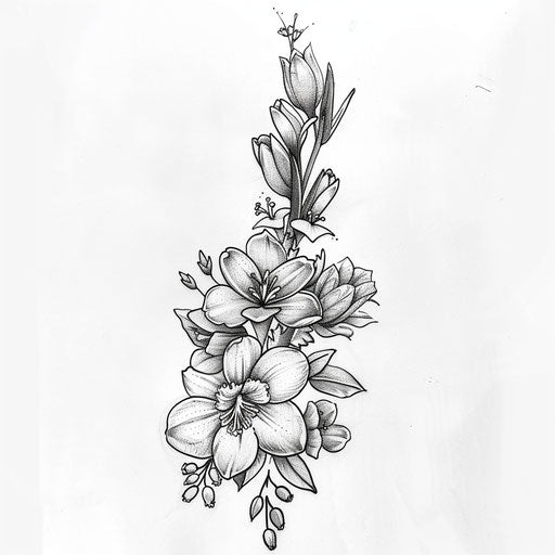 Flat sketch of a birth flower bouquet with delicate snowdrops and freesias