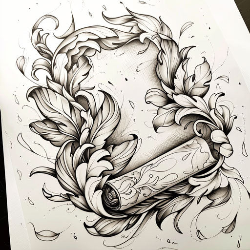 Dynamic tattoo sketch of sage leaves swirling around an ancient scroll