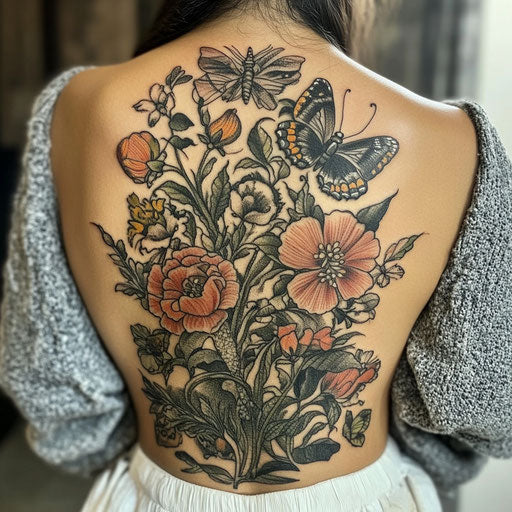 Female back tattoo in the style of Maria Sibylla Merian with detailed botanical flowers and butterflies