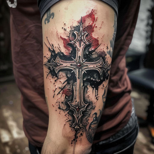 Meaningful tattoos for men with gothic cross on bicep
