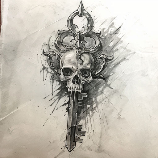 Bold tattoo sketch of a key with a skull design