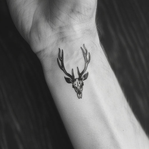 Minimalist depiction of a deer skull tattoo, striking and simple, on white