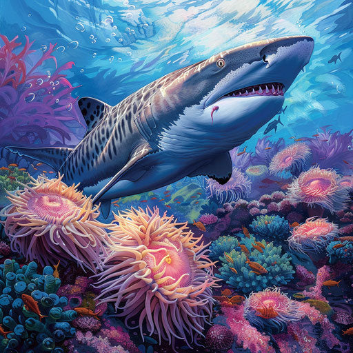 The tiger shark's journey past a vibrant sea anemone field on the ocean floor