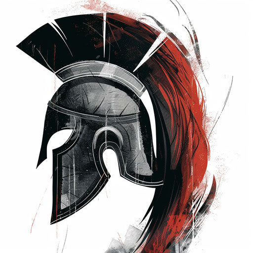 Stylized Spartan helmet with flames in black and red on white