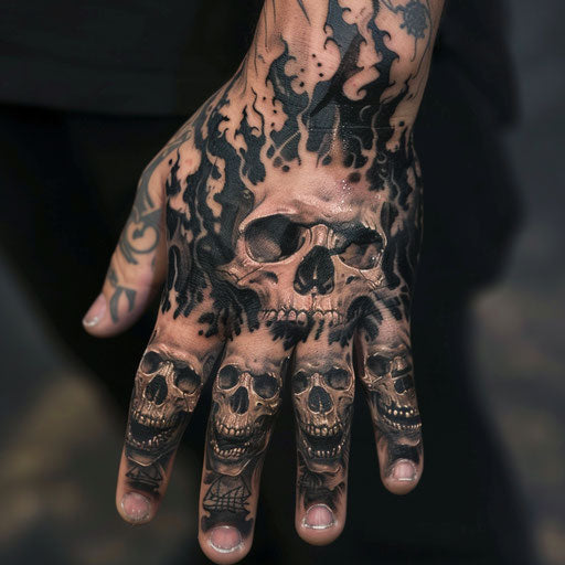 Gothic skulls and flames hand tattoo for men