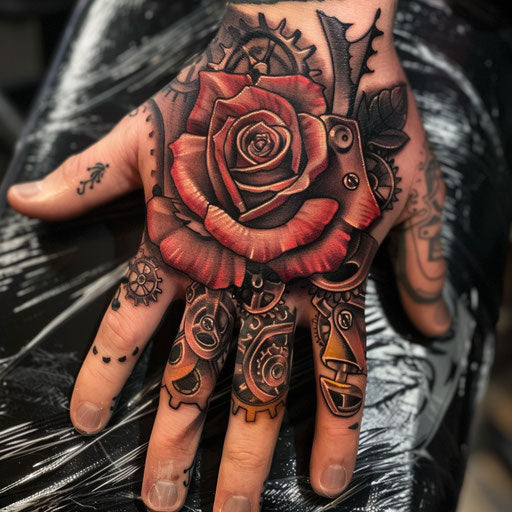 Hand Rose Tattoo in the Style of Adrian Smith Featuring Steampunk Gears